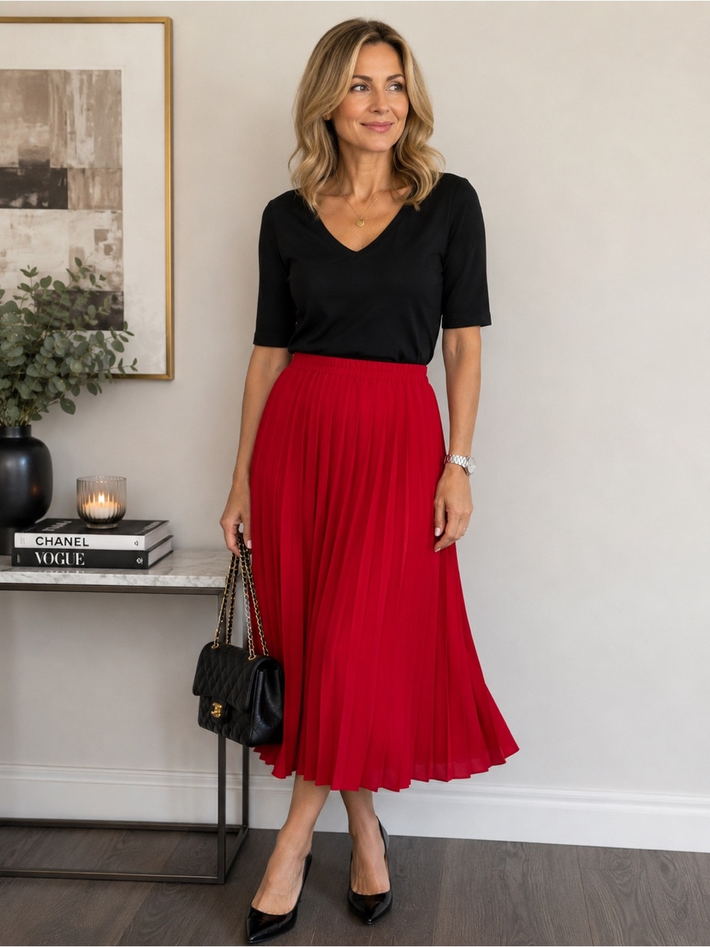 Red Pleated Midi Skirt - Classic Women's Skirt